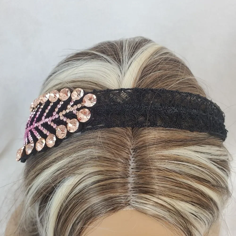 Champagne Pink Crystals Leaf Black Lace Hairband